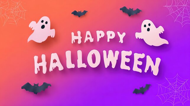 Happy Halloween banner with cute ghosts on purple background, festive spooky celebration, playful seasonal design, Halloween holiday spirit.