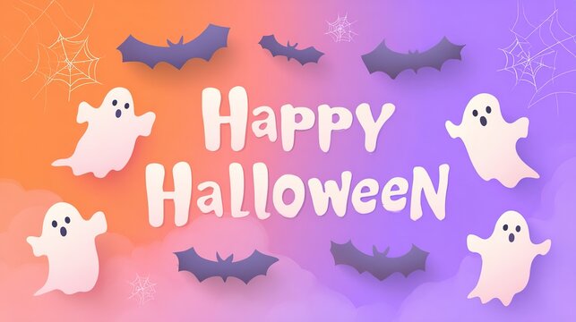 Happy Halloween banner with cute ghosts on purple background, festive spooky celebration, playful seasonal design, Halloween holiday spirit.