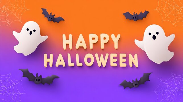 Happy Halloween banner with cute ghosts on purple background, festive spooky celebration, playful seasonal design, Halloween holiday spirit.