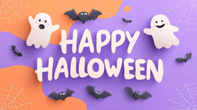 Happy Halloween banner with cute ghosts on purple background, festive spooky celebration, playful seasonal design, Halloween holiday spirit.