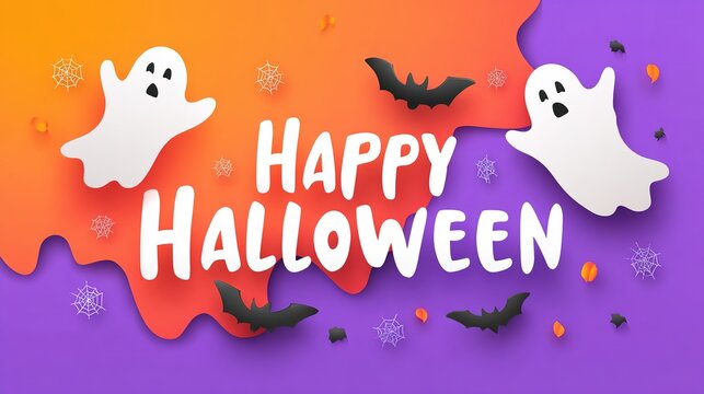 Happy Halloween banner with cute ghosts on purple background, festive spooky celebration, playful seasonal design, Halloween holiday spirit.