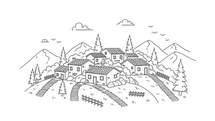 Fototapeta premium Hilltop Mediterranean Village Landscape Line Art with Mountain Background