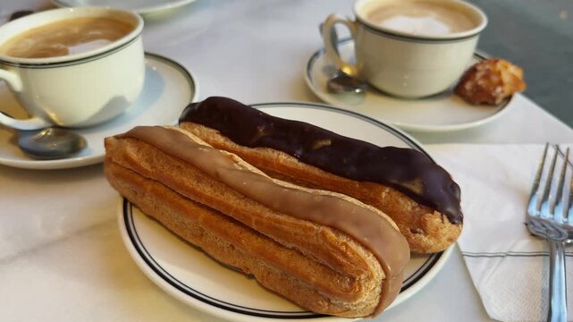 In a French cafe, cups of freshly brewed coffee with milk sit on the table alongside delicious eclairs, a perfect morning treat. High quality 4k footage