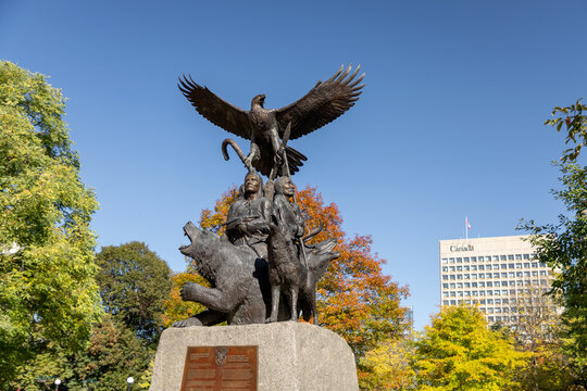 Ottawa, Canada - October 14, 2025: National Aboriginal Veterans Monument located in Confederation Park in Ottawa.