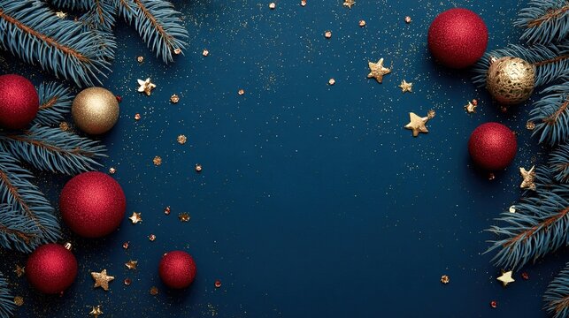 Christmas blue background, blue pine branches and red balls	
