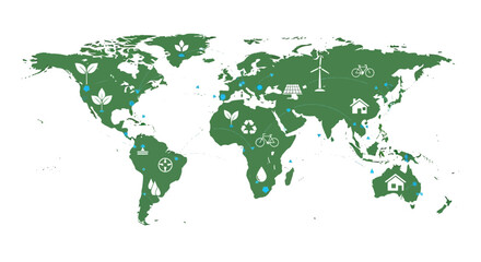 Obraz premium Global Sustainability Network Map: Eco-Friendly Icons Interconnected Across Continents Representing Environmental Solutions, Renewable Energy & Sustainable Development