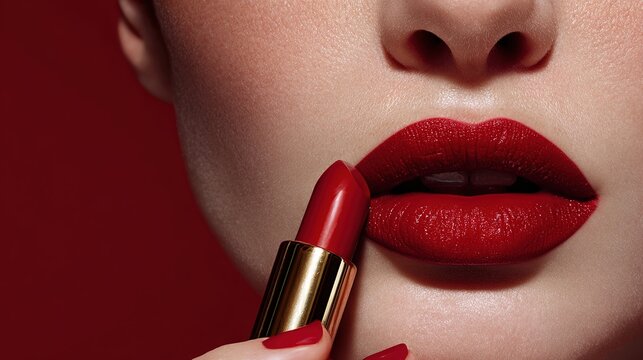 Woman lips applying red lipstick in close up, beauty makeup routine, glamorous look, cosmetic product use, fashion style, beauty concept.