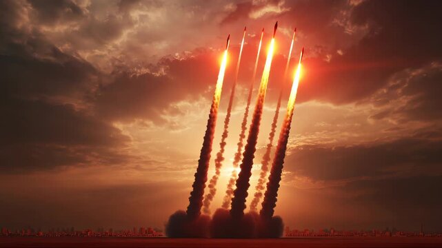 Launch of missiles in Iran during sunset creates a dramatic display of light and smoke over the skyline