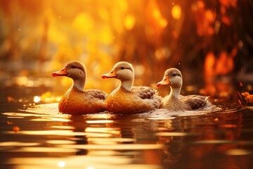 Three ducklings gracefully swimming together on water bathed in golden light