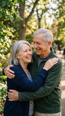 Fototapeta premium Candid close-up portrait of a genuinely happy and active senior couple genuinely laughing and hugging in a sunny green park during golden hour - Love and companionship in retirement