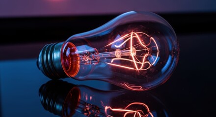 A glowing incandescent light bulb resting on a dark reflective surface with a warm orange filament