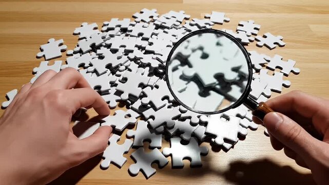Hand Magnifying Glass Puzzle Piece Focus Search Solution Wood Table Scattered Closeup Analysis Investigation Challenge Mystery Concentration Game