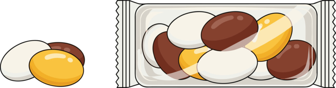 Candy-coated chocolates in white, yellow, and brown colors with transparent wrapper packaging, vector food illustration for product design