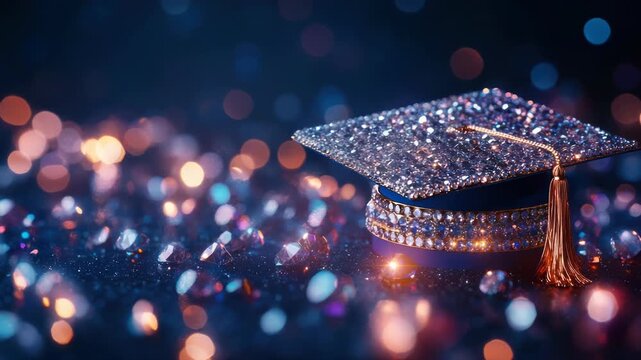 A glamorous graduation cap shimmering with diamonds, set against a dreamy bokeh background