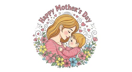 Obraz premium A heartwarming illustration of a mother and child celebrating Happy Mother's Day with flowers and hearts
