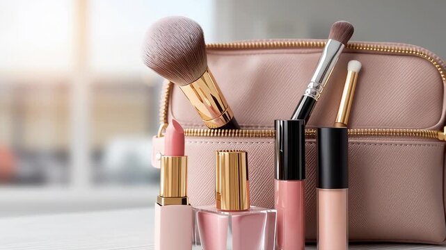 Makeup products and brushes in cosmetic bag with soft natural light highlighting beauty routine and everyday essentials