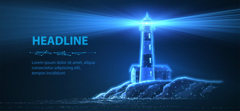 Glowing lighthouse on rocky coast at night on dark blue background. Navigation technology, coastal beacon, digital guidance, safety signal, futuristic location concept. 3D illustration