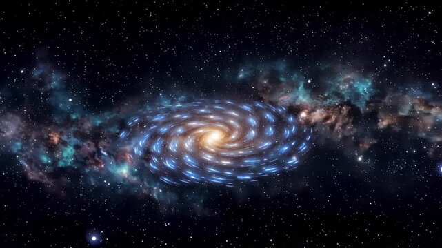 A vibrant galaxy stretches across the cosmos, filled with stars and interstellar gas and dust