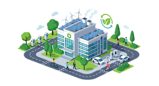 Sustainable Smart City Isometric: Green Urban Development with Solar, Wind Energy, EV Charging Stations & Eco-Friendly Transportation