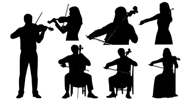 Violin and cello player silhouettes vector classical orchestra musician set