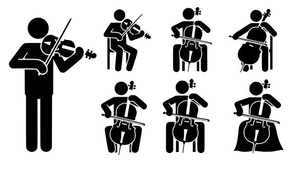 Orchestra musician pictogram silhouettes vector violin cello performance set