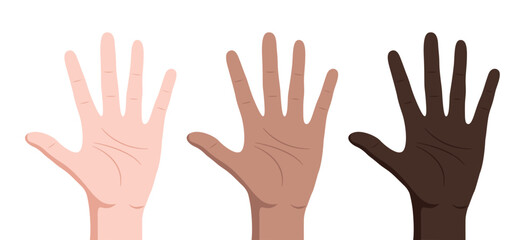 Fototapeta premium Human hands with different skin colors isolated on white background. Vector stock