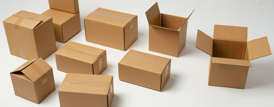 Various cardboard boxes on white background packaging shipping delivery
