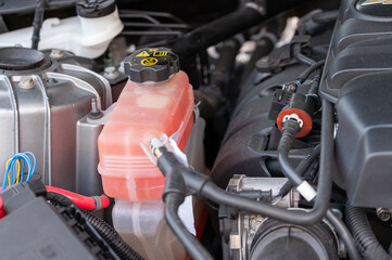 Fototapeta premium Close-up of a car engine coolant expansion tank filled with pink antifreeze. Automotive cooling system maintenance, vehicle service, and engine temperature control concept