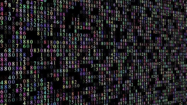 Abstract Digital Background Featuring A Dense Field Of Scrolling Multi-colored Numbers On A Solid Black Screen. Neon Digits In Green, Blue, Pink, And Yellow Move Horizontally, data technology data 