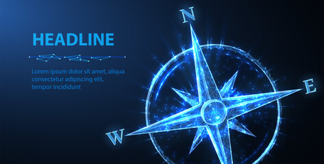Glowing compass rose on blue background. Navigation direction, travel guidance, geographic orientation, exploration route planning, marine symbol, technology concept. Vector illustration. © NeonGridStudio