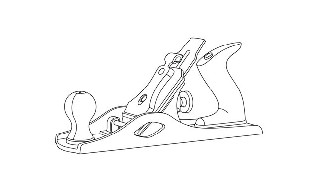 Detailed black and white outline drawing of a manual woodworking jack plane used for flattening and smoothing timber.