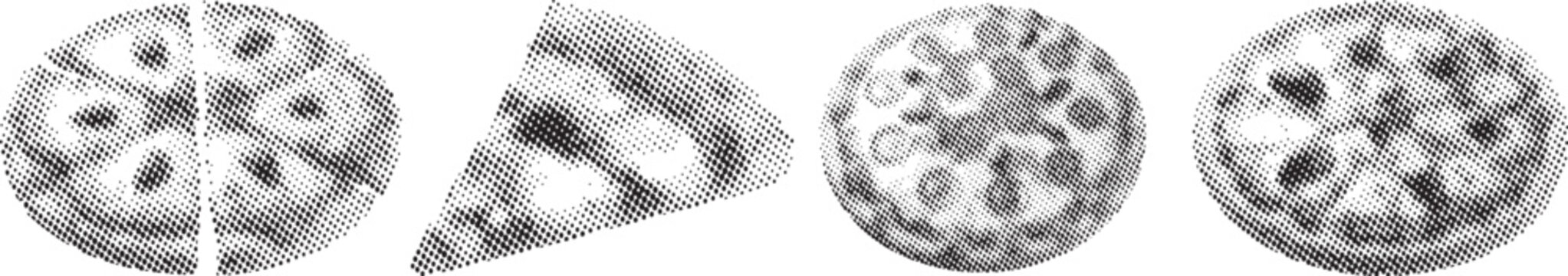Abstract Halftone Style Pizza Collection Representing Full Pies and a Slice on Transparent Background