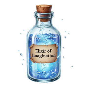 Glass bottle of blue elixir of imagination with cork stopper and label isolated on a transparent background