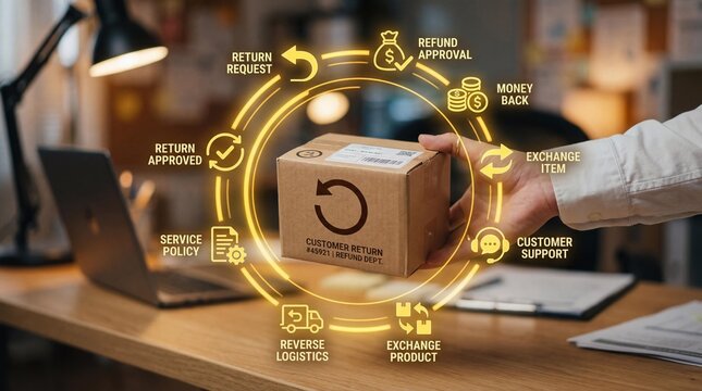 Hand holding cardboard box with return policy icons floating around representing customer service and product exchange process in office setting with laptop and notebook