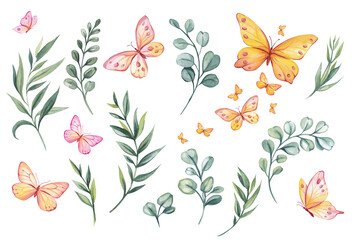 Fototapeta premium Watercolor butterflies with eucalyptus leaves on black background. Elegant botanical set with soft pastel insects and foliage, perfect for prints, packaging, branding, invitations 