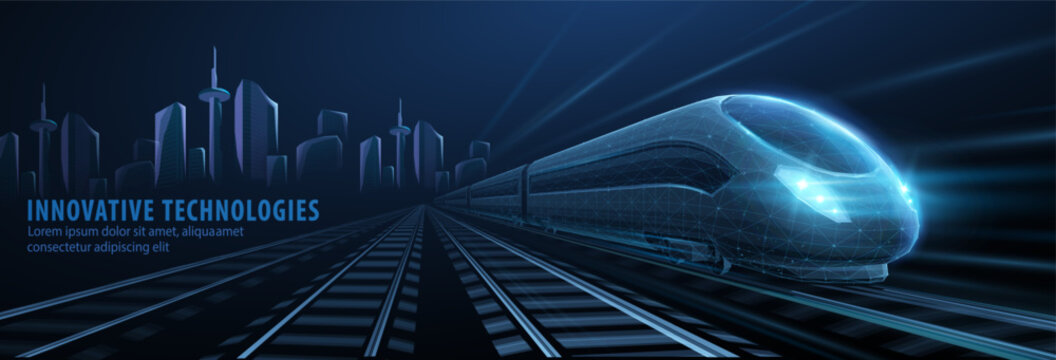 Futuristic high speed train on illuminated tracks near city skyline. Smart railway transport, modern mobility, rapid travel, innovation technology, future transit concept. Vector illustration.
