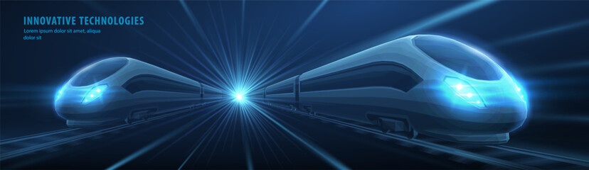 Futuristic high speed train with glowing light trails on blue background. Smart transport, railway innovation, rapid transit, modern mobility, future travel concept. Vector illustration. © NeonGridStudio