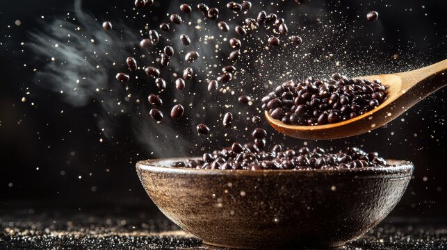 Black bean bounce mid-air wooden spoon ceramic bowl kitchen action food photography ingredient movement culinary dynamics motion capture
