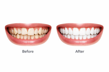Fototapeta premium Close up of woman smile before and after teeth whitening treatment isolated on white background. Dental care improvement, cosmetic dentistry results, oral hygiene concept.