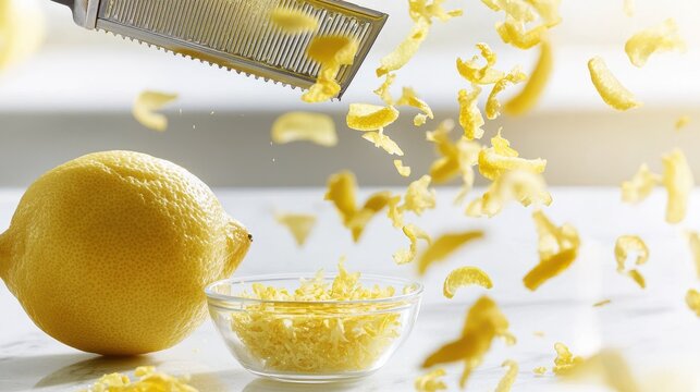 Lemon zest flying downward from microplane zester blade with natural window light creating bright yellow citrus fragments against clean white kitchen backdrop