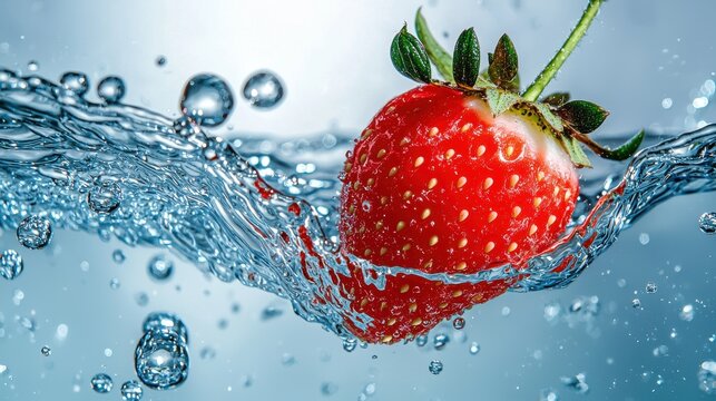 Strawberry drop freeze fresh fruit water splash frozen crystalline droplets suspended mid-air dramatic backlighting culinary motion food photography