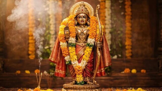 Radiant golden statue of lord shri ram with marigold garlands incense smoke divine lighting symbolizing devotion for rama puja ram navami dussehra celebration spirituality