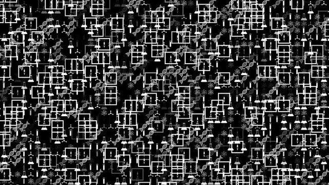 Dense Abstract Scientific Background Featuring White Medical And Research Icons Like Dna Helices, Beakers, Test Tubes, Atoms, And Syringes Scattered Across A Solid Black Backdrop With High Contrast, V