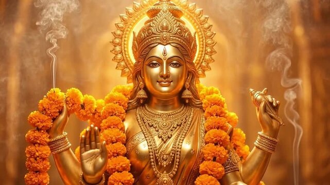 Radiant golden hindu goddess statue with marigold garlands incense smoke warm light spiritual ambiance symbolizing devotion for lakshmi puja durga puja diwali celebration divine presence