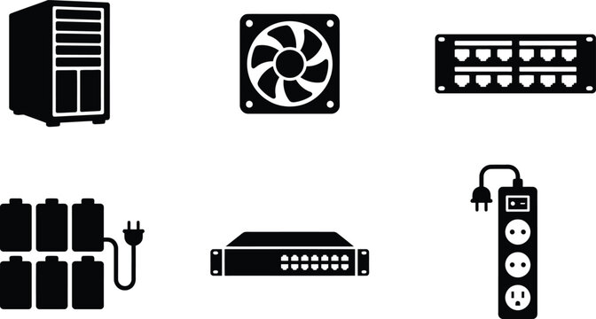 Collection of computer hardware icons including server, fan, patch panel, batteries, network switch, and power strip.