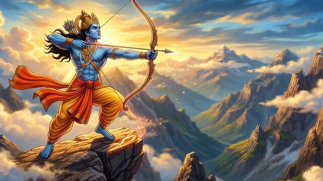 Striking illustration of lord rama with drawn bow in geometric style vibrant red attire blue skin symbolizing courage for rama puja ram navami dussehra celebration