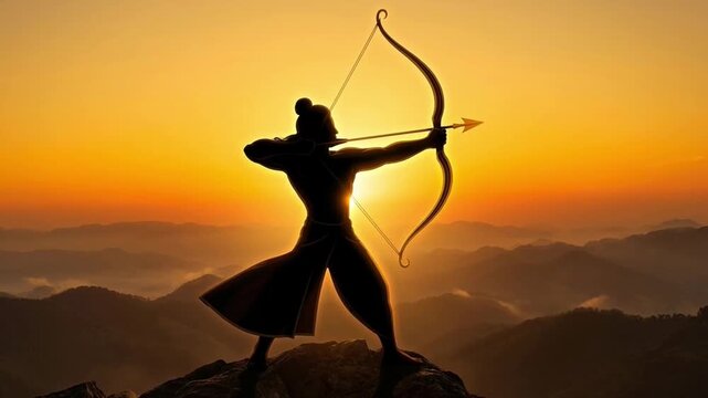 Powerful silhouette of lord rama on mountain peak with drawn bow at golden sunset symbolizing strength for rama puja ram navami dussehra spiritual celebration