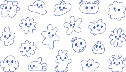 Naklejka premium A playful assortment of blue outline cartoon blob characters with happy faces on a white background