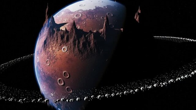 apocalyptic planet with rings in space, orange brown surface