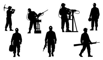 Industrial miner silhouette set with hard hats lamps and tools in action poses isolated on white background